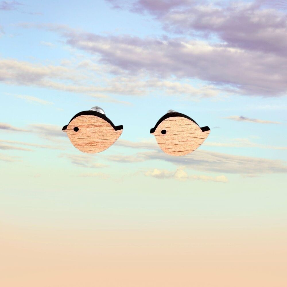 Wooden Little Bird Stud Earrings #2262 - Picture 4 of 6
